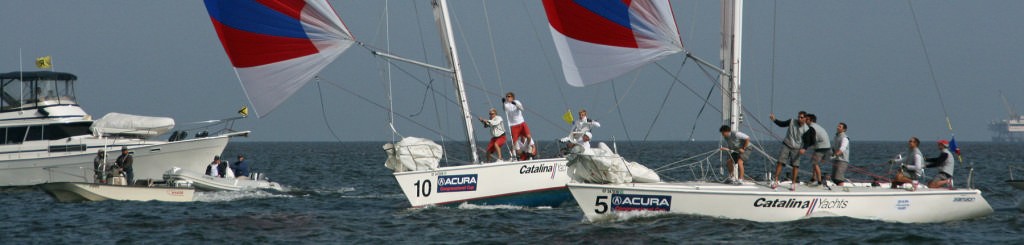 Sweden’s Johnie Berntsson pokes his bow past France’s Mathieu Richard at the finish line - 2007 Congressional Cup © Rich Roberts http://www.UnderTheSunPhotos.com